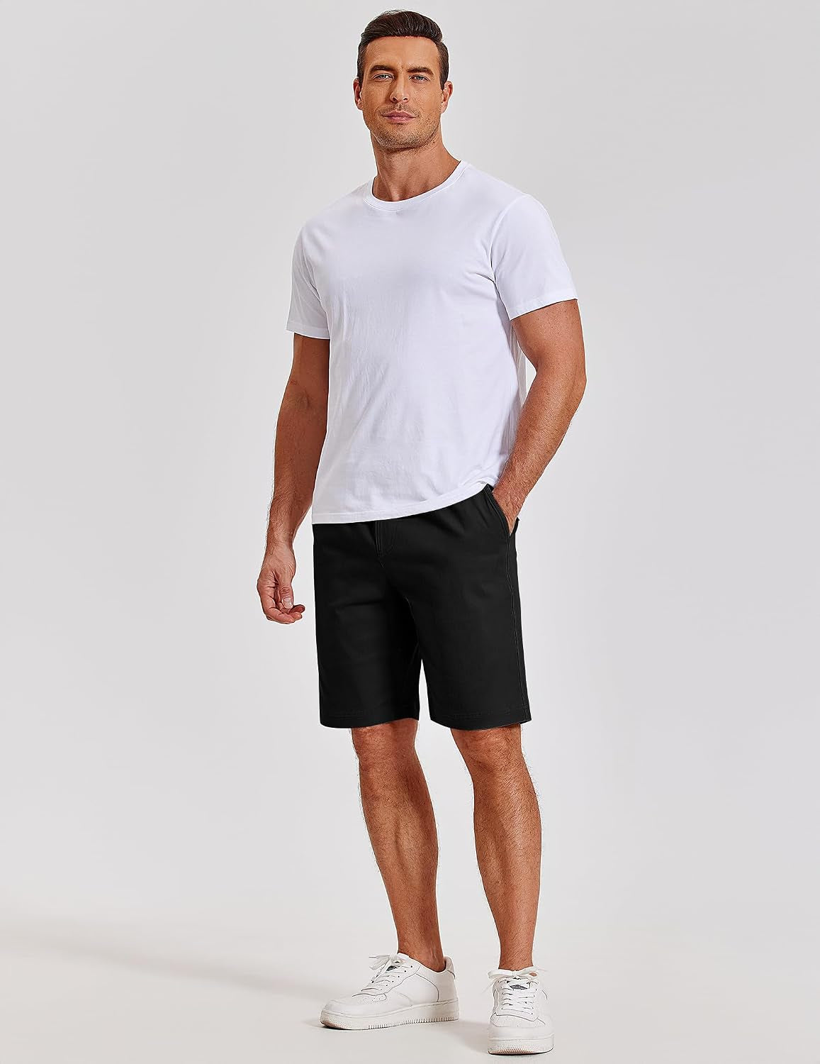 Mens Casual Shorts Cotton Elastic Waist Drawstring Beach Shorts | Stretch Twill Chino, Lightweight Breathable, Flat Front, Phone Pockets, Regular Fit, 9-Inch Inseam, Summer Vacation Business