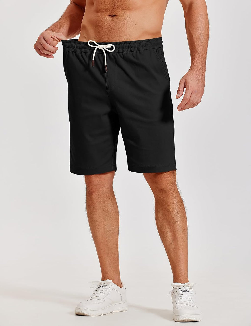 Mens Casual Shorts Cotton Elastic Waist Drawstring Beach Shorts | Stretch Twill Chino, Lightweight Breathable, Flat Front, Phone Pockets, Regular Fit, 9-Inch Inseam, Summer Vacation Business
