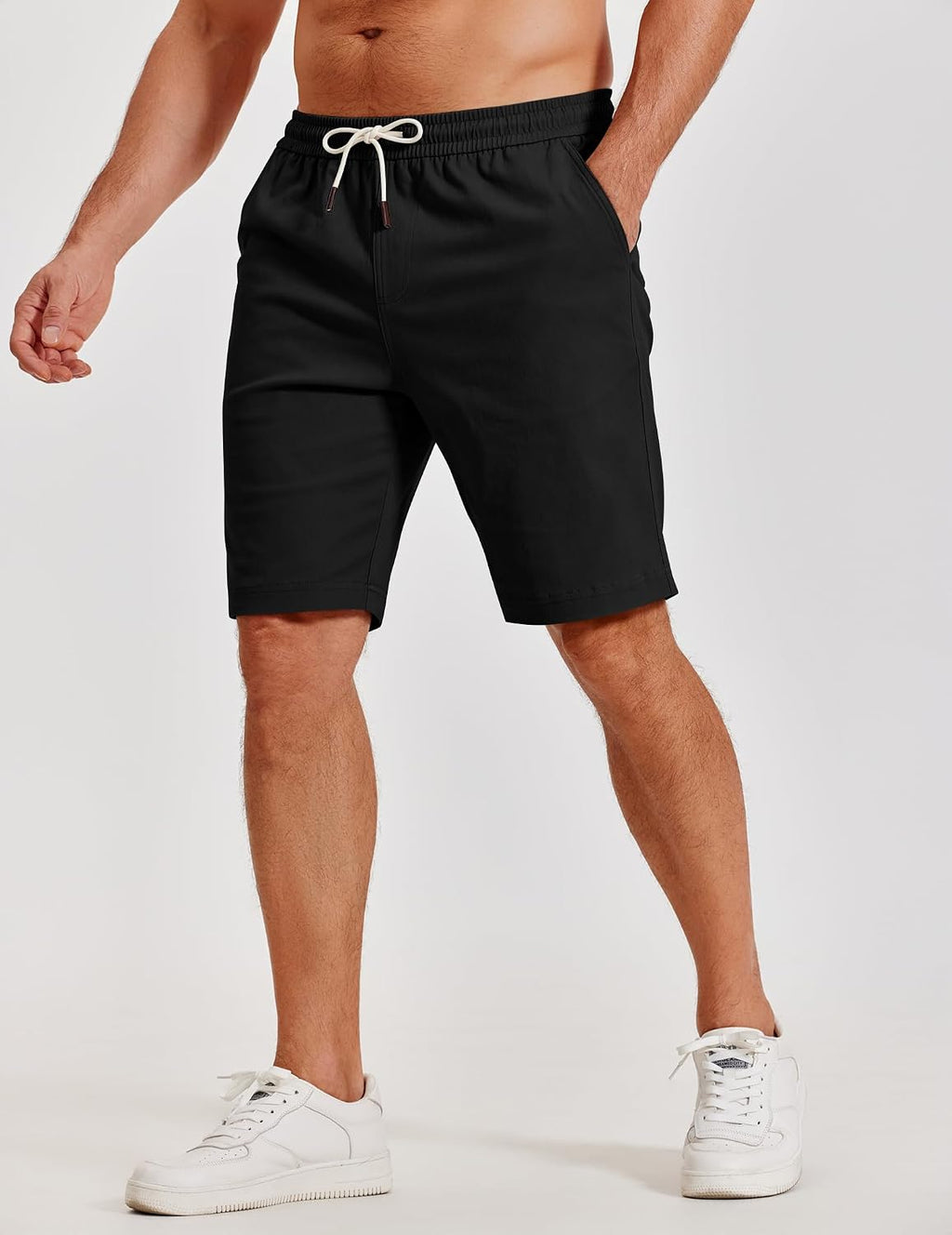 Mens Casual Shorts Cotton Elastic Waist Drawstring Beach Shorts | Stretch Twill Chino, Lightweight Breathable, Flat Front, Phone Pockets, Regular Fit, 9-Inch Inseam, Summer Vacation Business