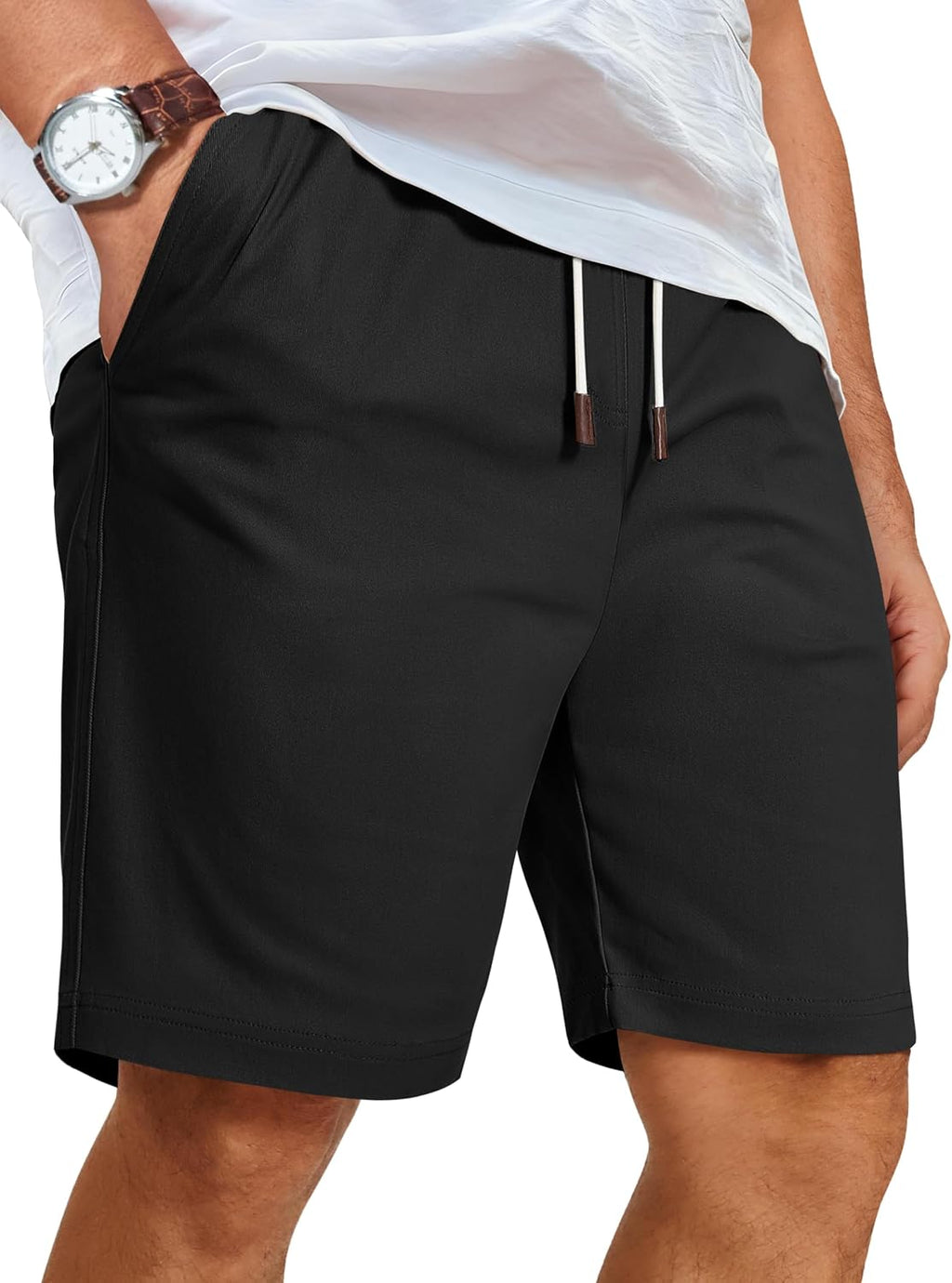 Mens Casual Shorts Cotton Elastic Waist Drawstring Beach Shorts | Stretch Twill Chino, Lightweight Breathable, Flat Front, Phone Pockets, Regular Fit, 9-Inch Inseam, Summer Vacation Business
