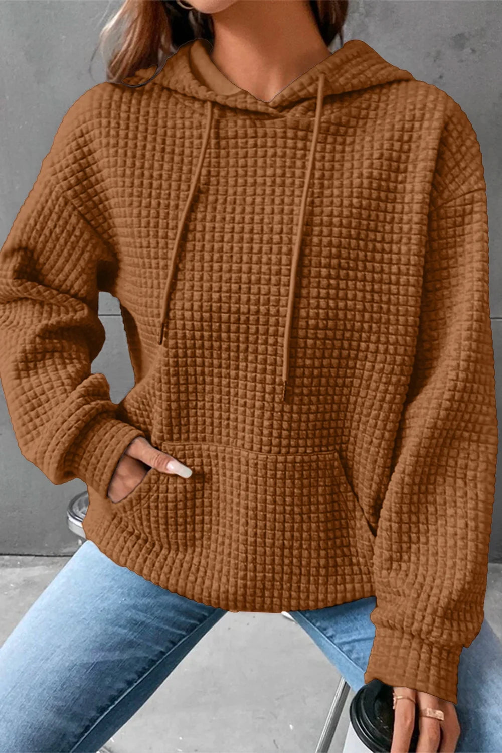 Womens Sweatshirts Hoodies Sweatshirt Long Sleeve Waffle Hoodies Pullover Casual Oversized Hooded Sweatshirts with Pocket Orange S