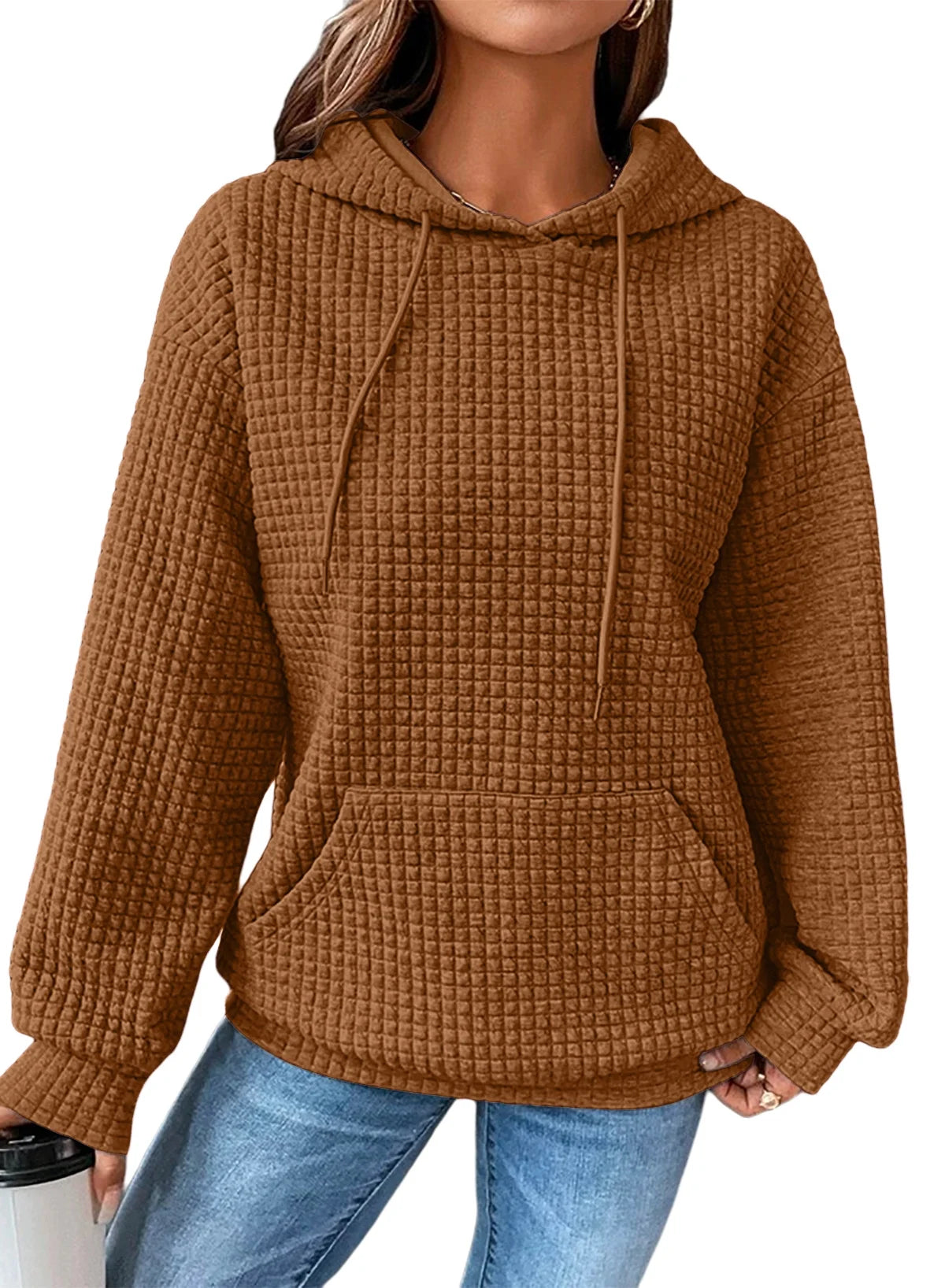 Womens Sweatshirts Hoodies Sweatshirt Long Sleeve Waffle Hoodies Pullover Casual Oversized Hooded Sweatshirts with Pocket Orange S