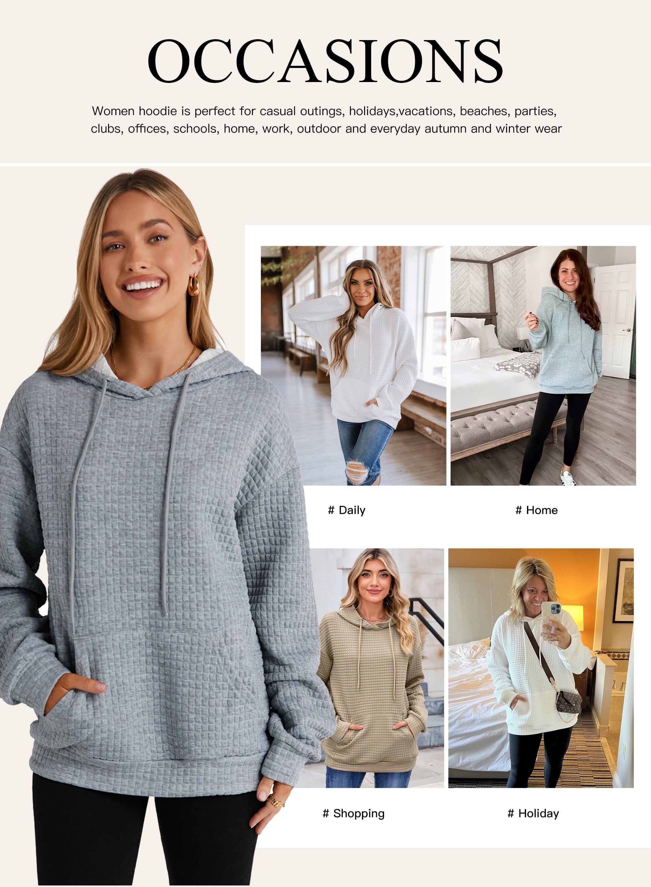 Womens Sweatshirts Hoodies Sweatshirt Long Sleeve Waffle Hoodies Pullover Casual Oversized Hooded Sweatshirts with Pocket Orange S